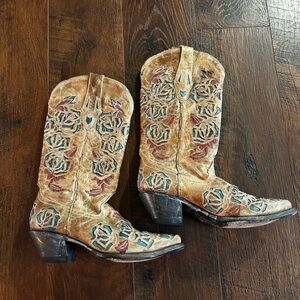 Corral Tan and Teal Embroidered Heeled Boots